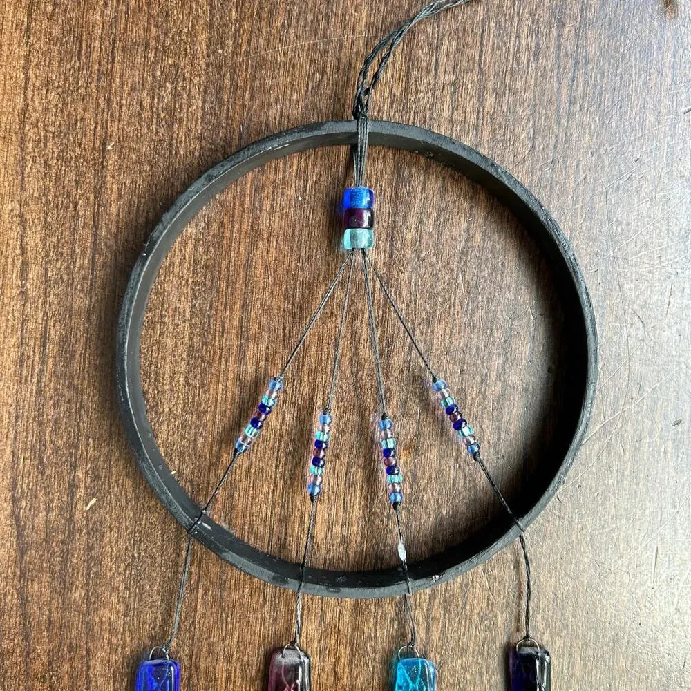 Vintage handmade fused glass wind chime stained colored glass panels and beads